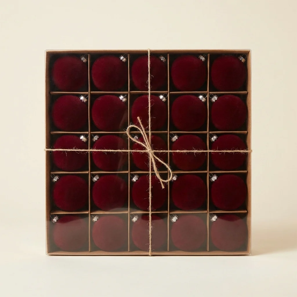 Set de 25 de globuri de Crăciun burgundy, cu finisaj catifelat — poza 1