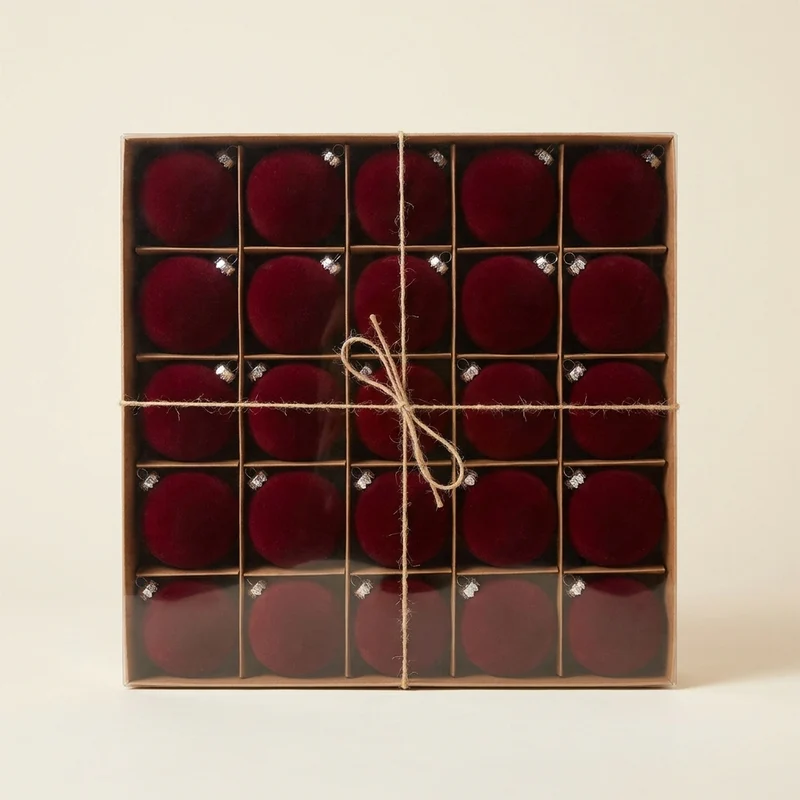 Set de 25 de globuri de Crăciun burgundy, cu finisaj catifelat